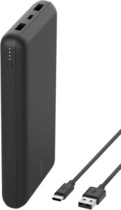 Belkin BoostCharge 20000mAh portable power bank with dual USB ports, 15W fast charging, and included USB-C cable for smartphones and tablets