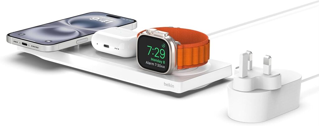 Belkin 3-in-1 MagSafe wireless charging stand for iPhone, Apple Watch, and AirPods with fast charging support