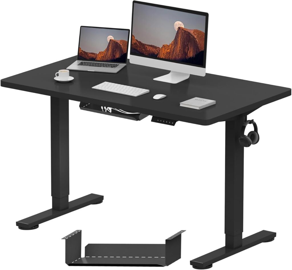 FLEXISPOT electric standing desk with height-adjustable two-stage frame, spacious desktop, and programmable memory settings