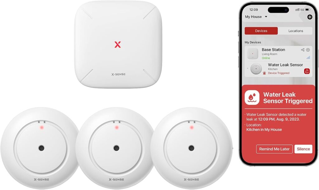 X-Sense smart water leak detector with wireless alerts for basements, bathrooms, and kitchens