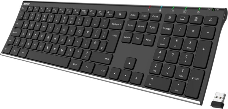 Arteck wireless Bluetooth keyboard with stainless steel finish, rechargeable battery, and full-size layout for Windows and Mac devices