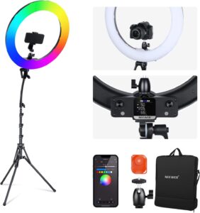 NEEWER GL1C RGB LED streaming light with app control, colour temperature adjustment, and desktop mount for content creation