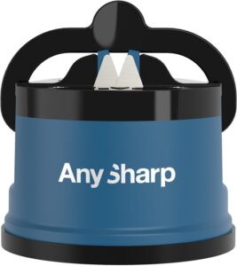 AnySharp blue knife sharpener with PowerGrip suction base for safe, one-handed kitchen blade sharpening