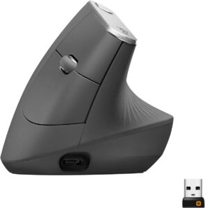 Logitech MX Vertical ergonomic mouse with handshake design, wireless Bluetooth connectivity, and advanced optical tracking