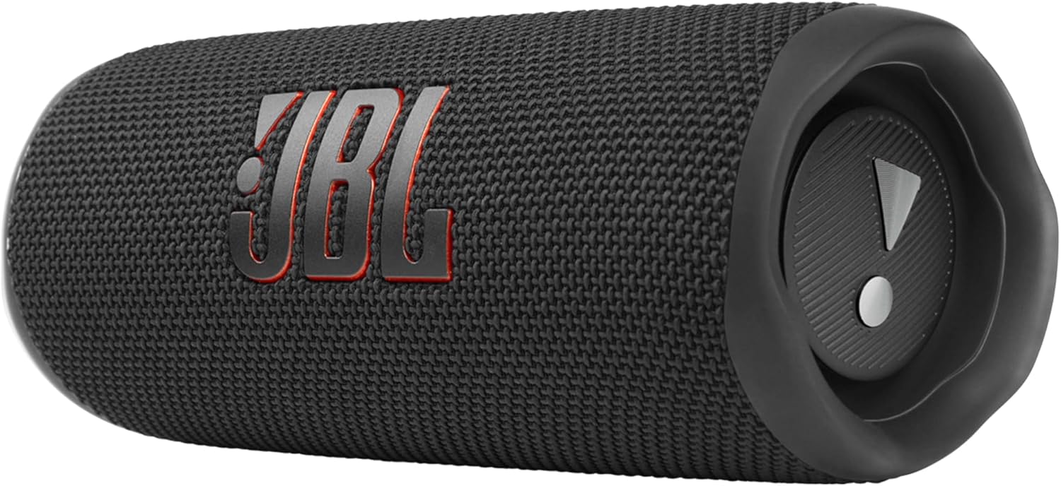 JBL Flip 7 portable Bluetooth speaker in black with powerful bass, waterproof design, and long battery life for outdoor and indoor use