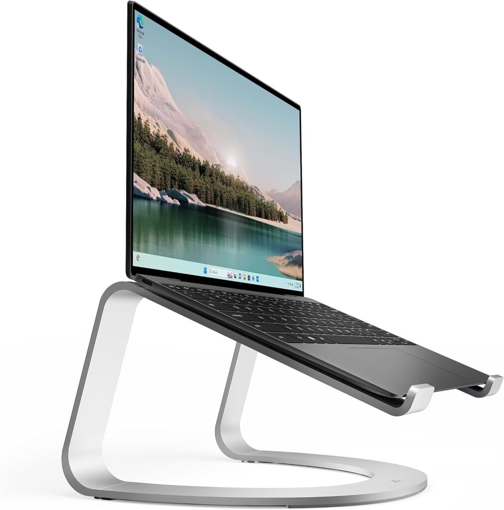 Twelve South Curve Riser in aluminium with ergonomic lift and storage shelf for MacBooks, monitors, and all-in-one desktop setups