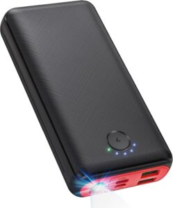 JIGA 30000mAh portable power bank with built-in flashlight, multiple USB outputs, and ultra-high capacity for charging phones and tablets on the go