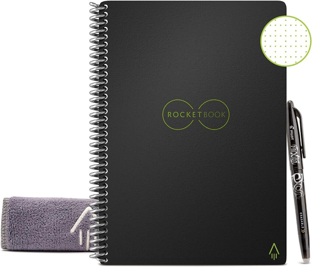 Rocketbook smart reusable notebook in executive size with wipe-clean pages and app integration for cloud-based note saving and sharing
