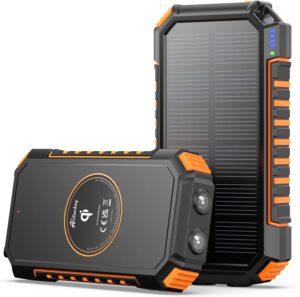 26800mAh solar power bank in orange with dual USB ports, built-in LED flashlight, and solar panel for outdoor charging on the go